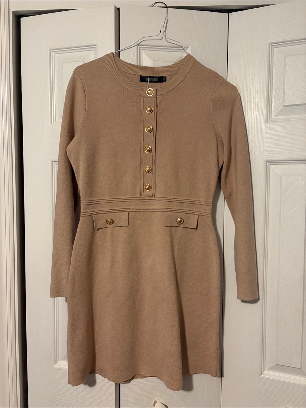 Beige Knit Long-Sleeve Dress with Gold Buttons
